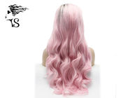 26 inch Wavy Curly Pink Lace Front Wigs Synthetic Hair With Dark Roots For Rupaul